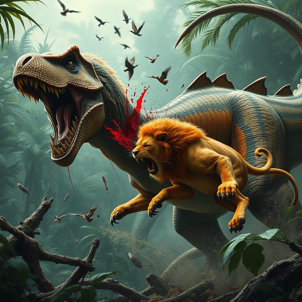 Epic Jungle Battle: Lion vs. Dinosaur