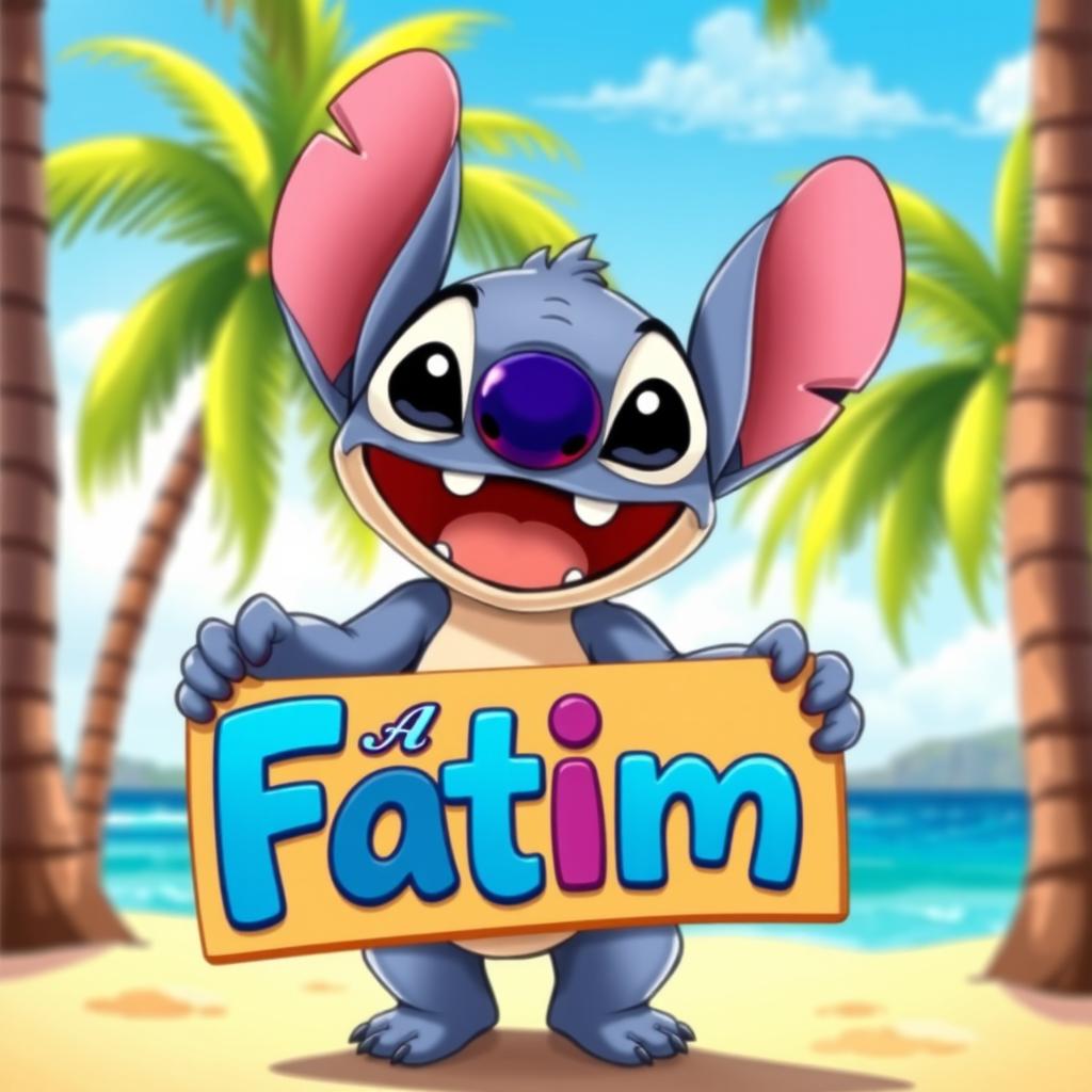 Joyful Stitch-Inspired Character with Fátima Sign