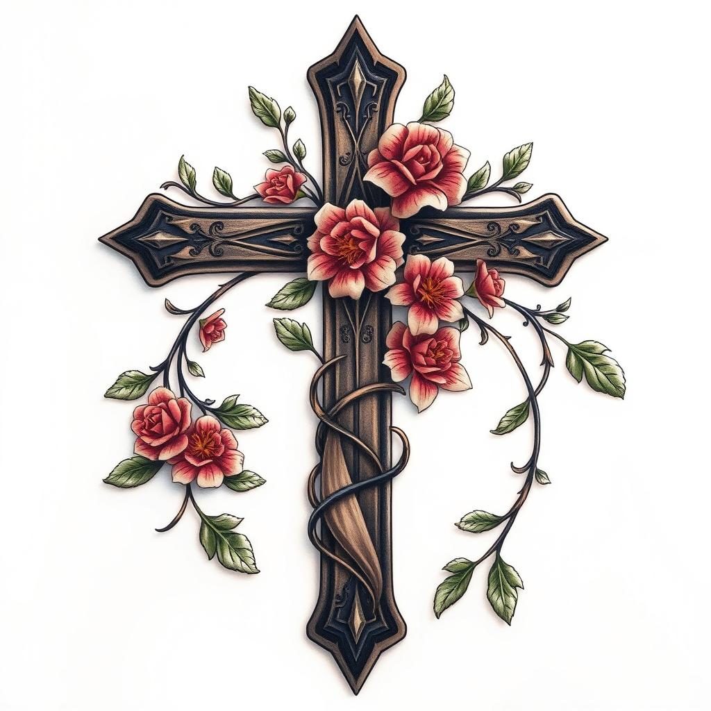 Intricate Floral Cross Tattoo Design