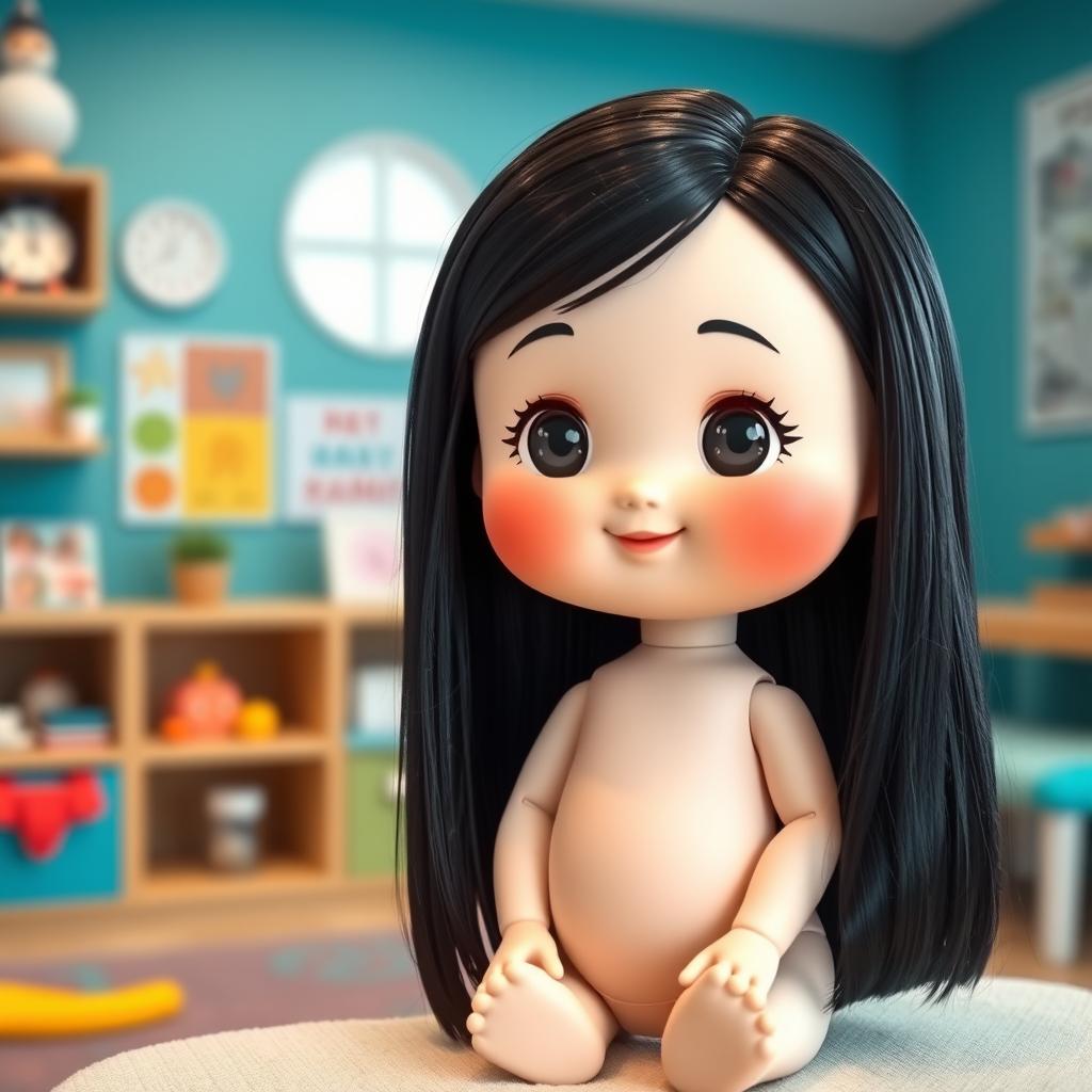 Enchanting Doll with Big Cheeks and Flowing Black Hair