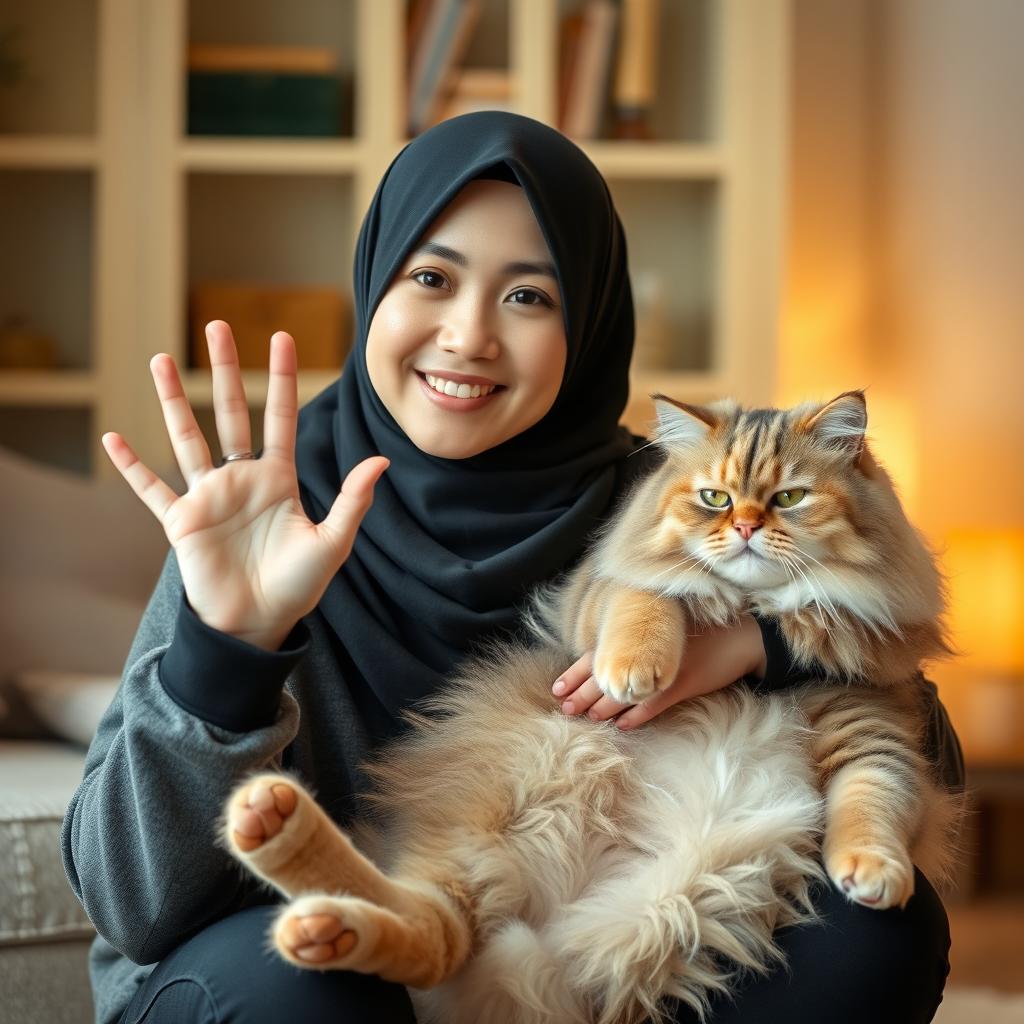 Elegant Moments: Indonesian Woman with Fluffy Cat