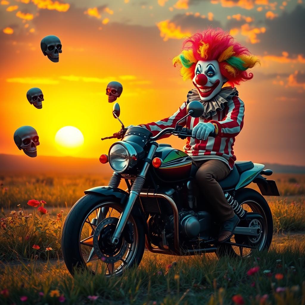 Clown on a Motorcycle: A Surreal Ride into the Sunset