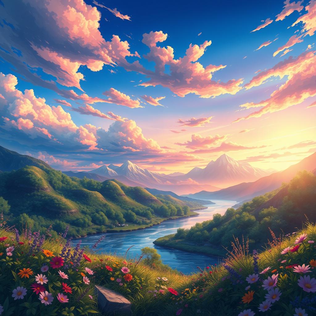 Stunning Anime Scene: Vibrant Landscape at Sunset