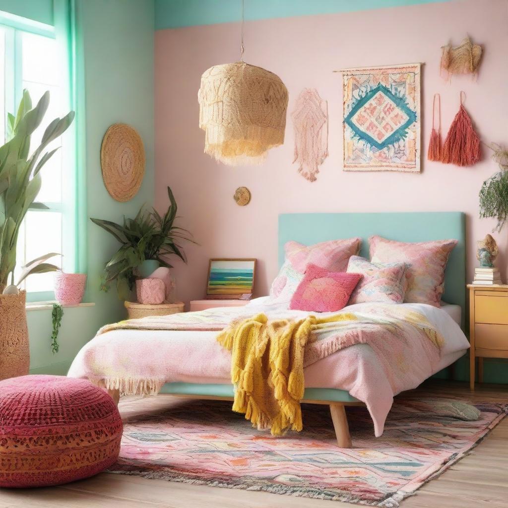 Vibrant Boho Bedroom: Pastel Dreams