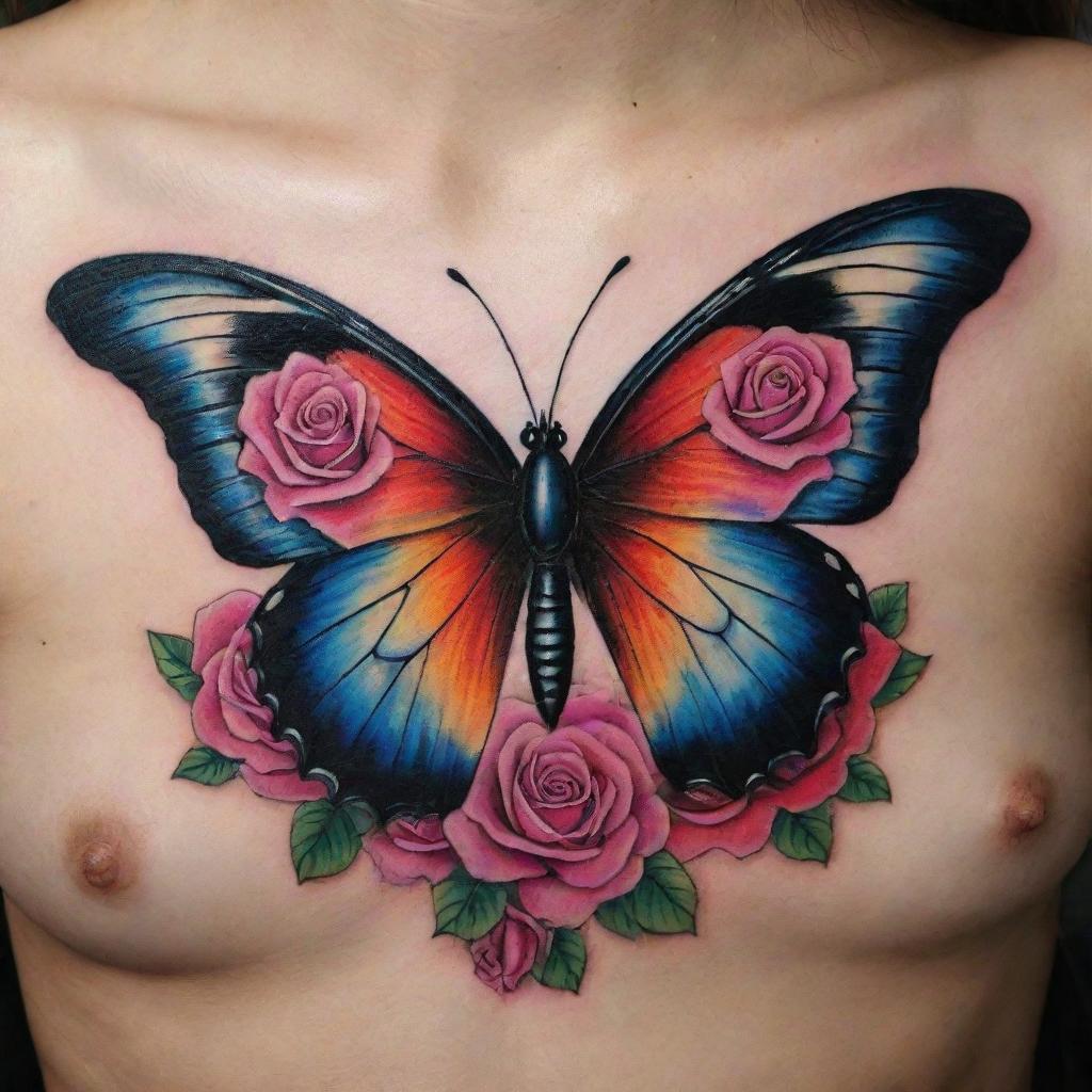 Vibrant Butterfly with Roses Tattoo Design